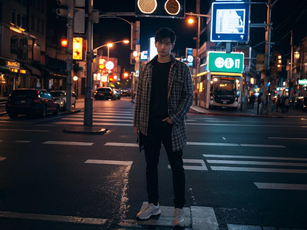 1 men, full body, flanel, night, traffic signlights, ultra detail, ultra resolution