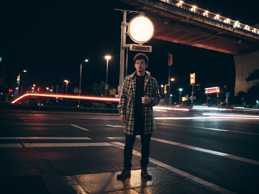 1 men, full body, flanel, night, traffic signlights, ultra detail, ultra resolution