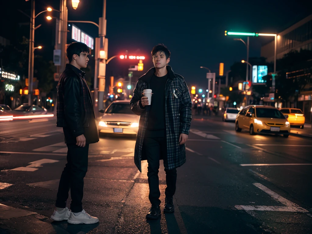 1 men, full body, flanel, night, traffic signlights, ultra detail, ultra resolution