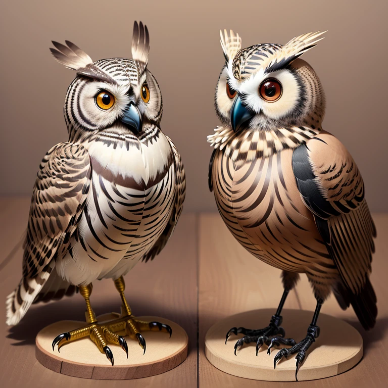 Araffe bird on a wooden base with brown background, Hyperrealistic robot owl, extremely detailed and lifelike, Kitten-bird hybrid, anthropomorpher Vogel, hyperrealistic sparrows, mechanical cute bird, birb, extremely detailed, Art toy collector figure, a surrealist bird, Highly detailed birds, Extremely sharp details, very detailed animal