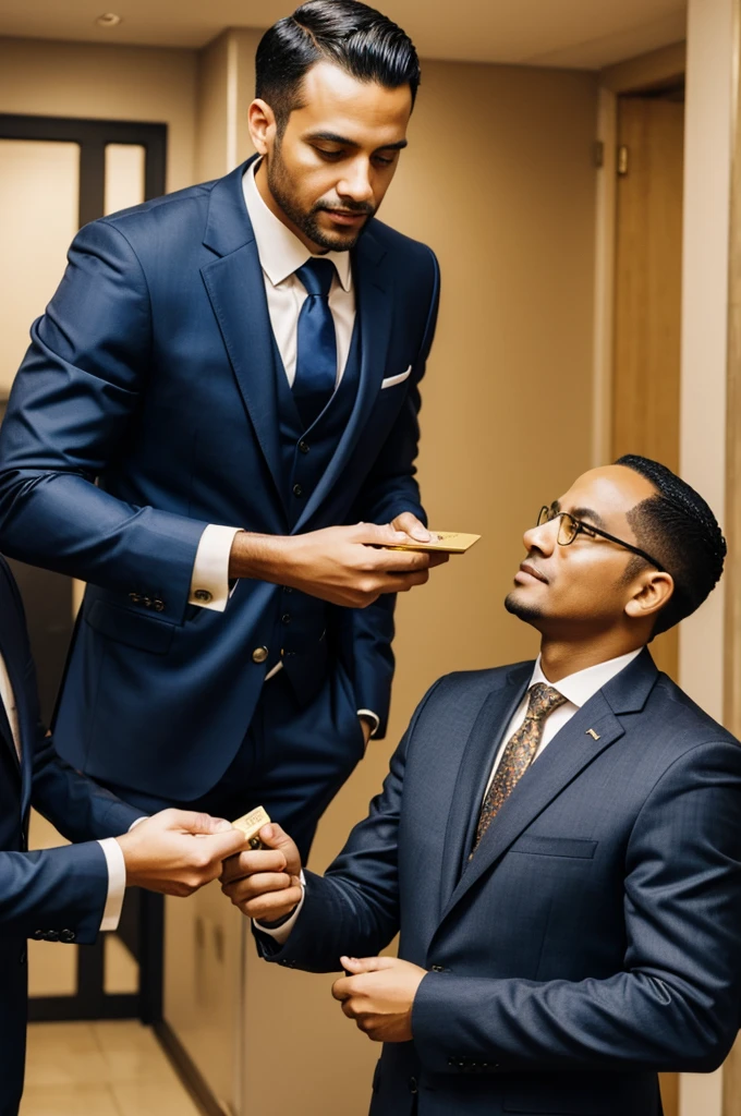 A man handing gold coins to another man in a suit