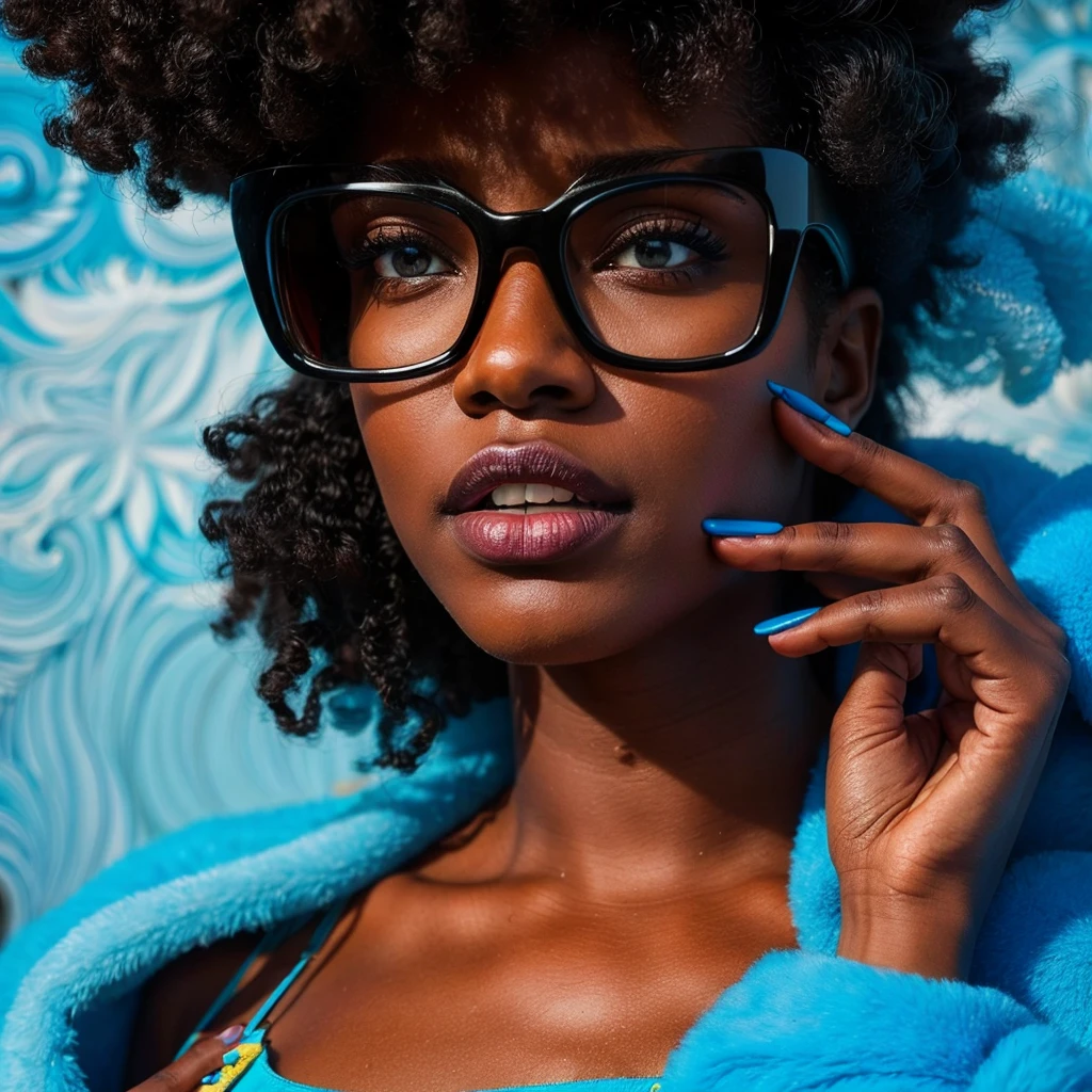 Beautiful black woman with afro hair for advertisement of stylish blue-framed glasses, swirly vibrant colors, hyper realistic art in 4k, hyper realistic hair