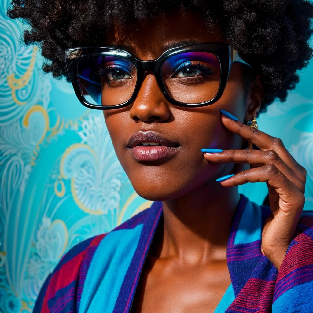 Beautiful black woman with afro hair for advertisement of stylish blue-framed glasses, swirly vibrant colors, hyper realistic art in 4k, hyper realistic hair