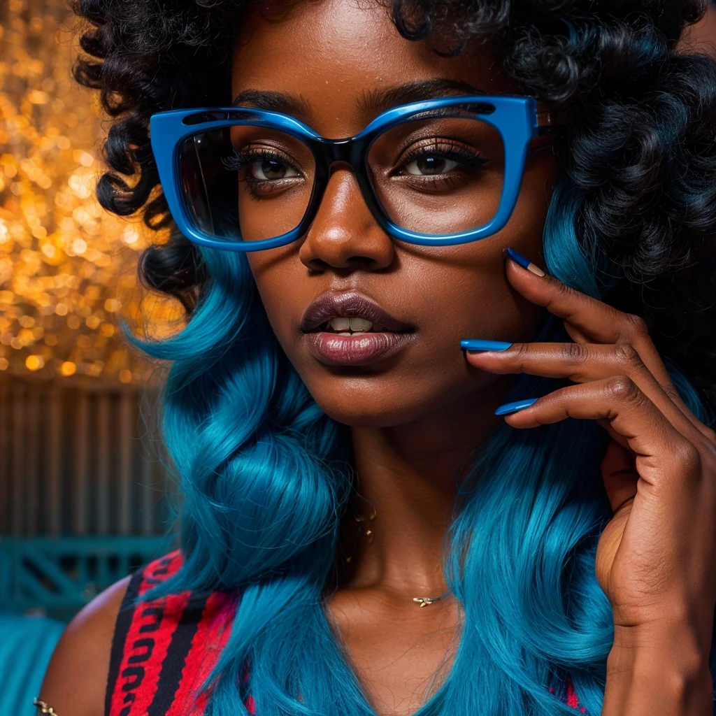 Beautiful black woman with afro hair for advertisement of stylish blue-framed glasses, swirly vibrant colors, hyper realistic art in 4k, hyper realistic hair