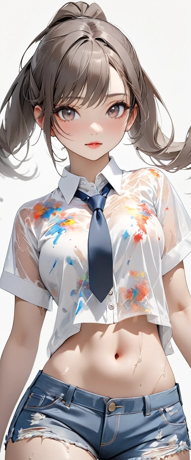 Oriental beautiful girl,White transparent real-life painting,Color splash rendering,Facial texture is clear,Long brown hair with silvery white and dark gray highlights.Tie double ponytails on both sides,loose white shirt,Blue distressed denim shorts,White sand background,messy strokes.Close-up of character( Perfect anatomical structure ) Beautiful and extremely fine texture,detailed, bright, Animation style high definition and high quality presentation