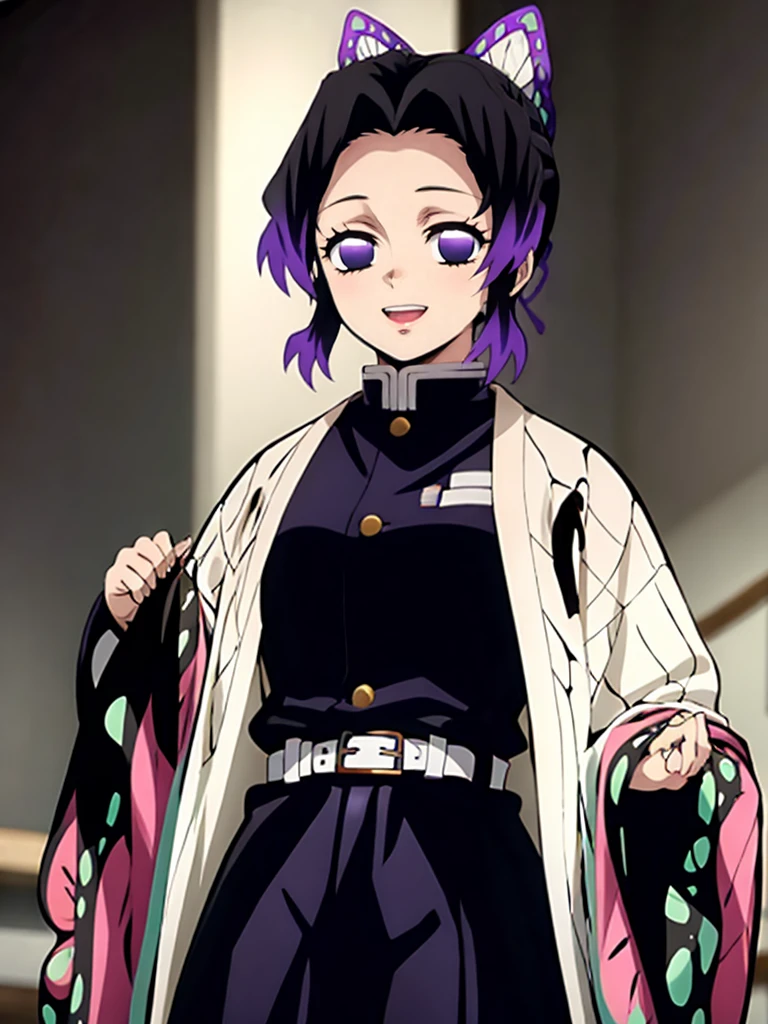 Kochou shinobu, 4k, absurd, high resolution, very high resolution, high definition, masterpiece, Short hair, purple hair, Separate bangs, Hair Adorno, Butterfly hair ornament, Purple eyes, Black Jacket, micro black thong, White belt, wide sleeves, upper body, looking_at_viewer, :d