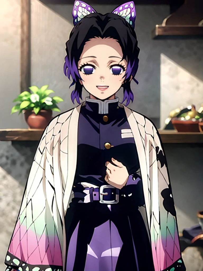 Kochou shinobu, 4k, absurd, high resolution, very high resolution, high definition, masterpiece, Short hair, purple hair, Separate bangs, Hair Adorno, Butterfly hair ornament, Purple eyes, Black Jacket, micro black thong, White belt, wide sleeves, upper body, looking_at_viewer, :d