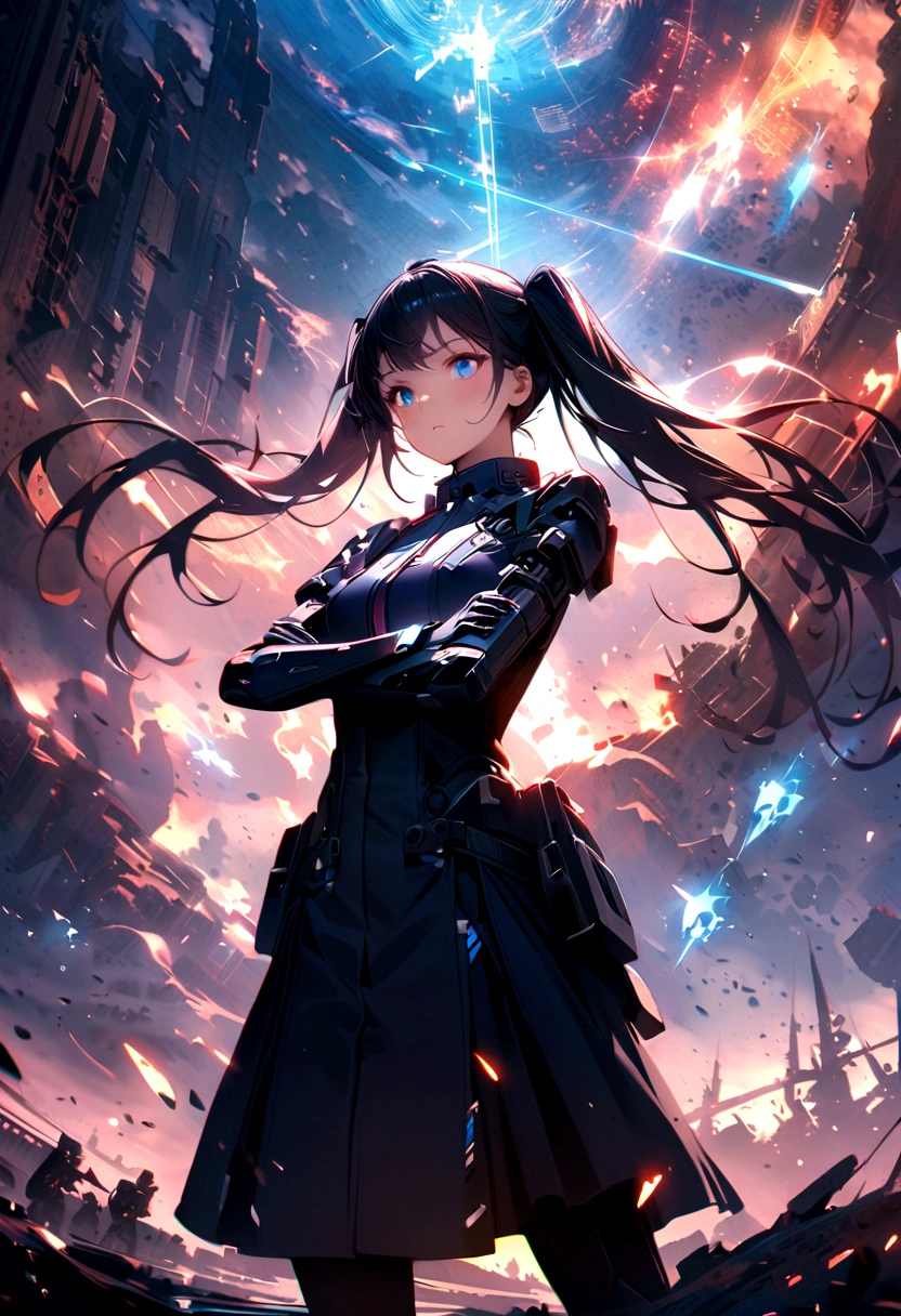 Science Fiction,girl, long_twintails, Robotic Arm, Technological military uniforms,blue eyes, Raise your arms, War Background