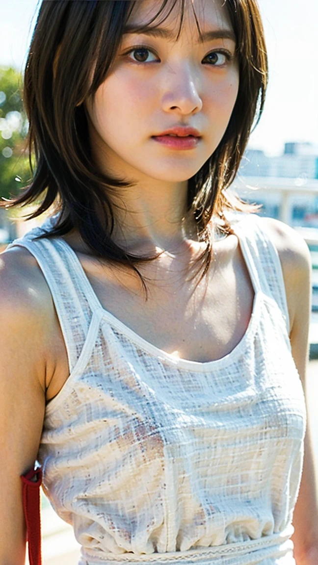 1girl, (RAW photo, top quality), (realistic, photo-realistic:1.4), masterpiece, very delicate and beautiful, highly detailed, 2k wallpaper, amazing, finely detailed, highly detailed CG unity 8k wallpaper, super detailed, high resolution, soft light, Beautiful detailed girl, highly detailed eyes and face, Beautiful detailed nose, Beautiful detailed eyes, film lighting, sunlight, perfect , ((smile)), (medium hair), pale skin, looking at viewer, medium small breasts, Japanese, blush, round eyes, small medium breasts, shiny, glistening, perfect body, black hair,