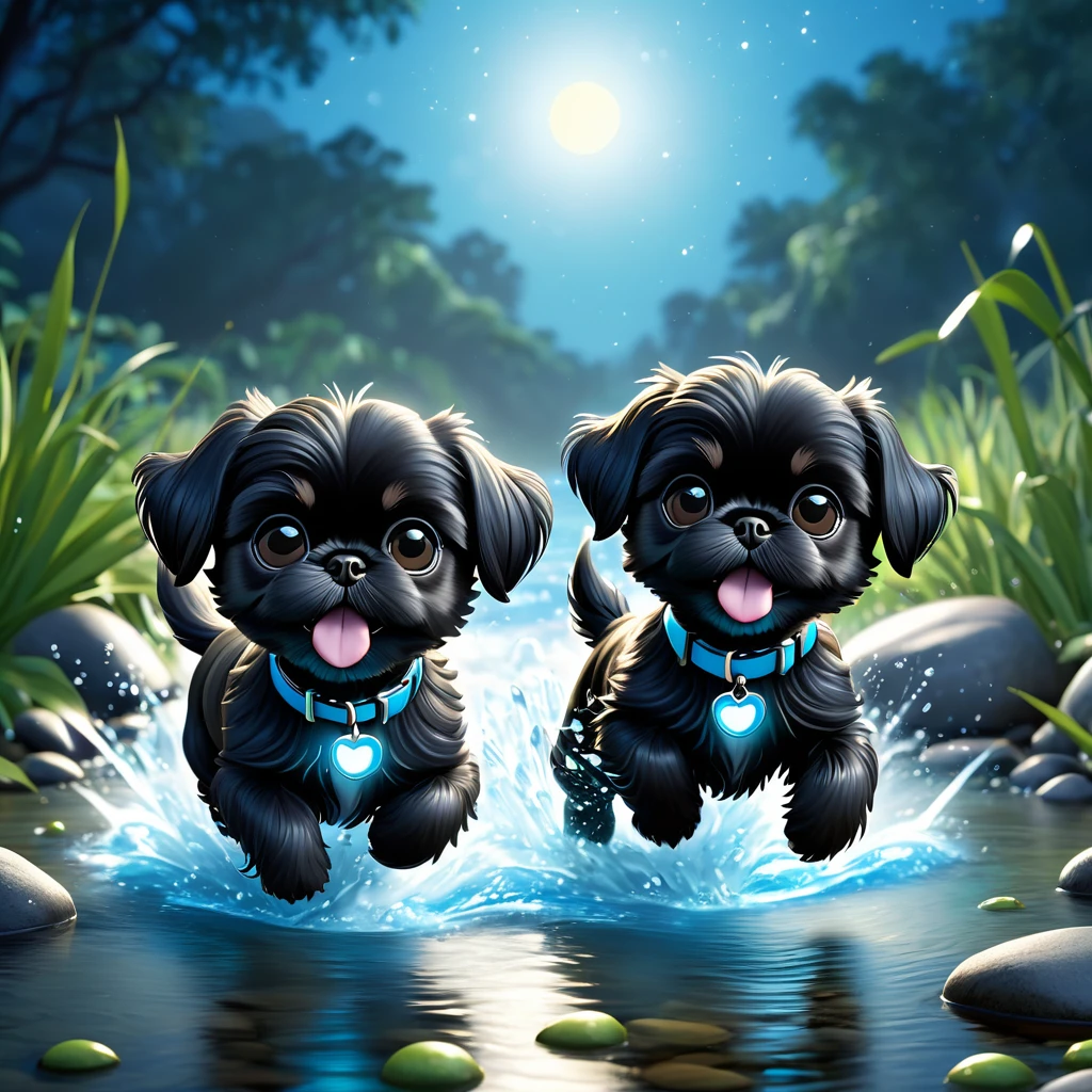 2 Adorable small black Shih Tzu puppies wearing light blue collars and sunglasses running in creek, crickets, lightning bugs in moonlight, Disney 3d cartoon, 3d render, disney pixar style
