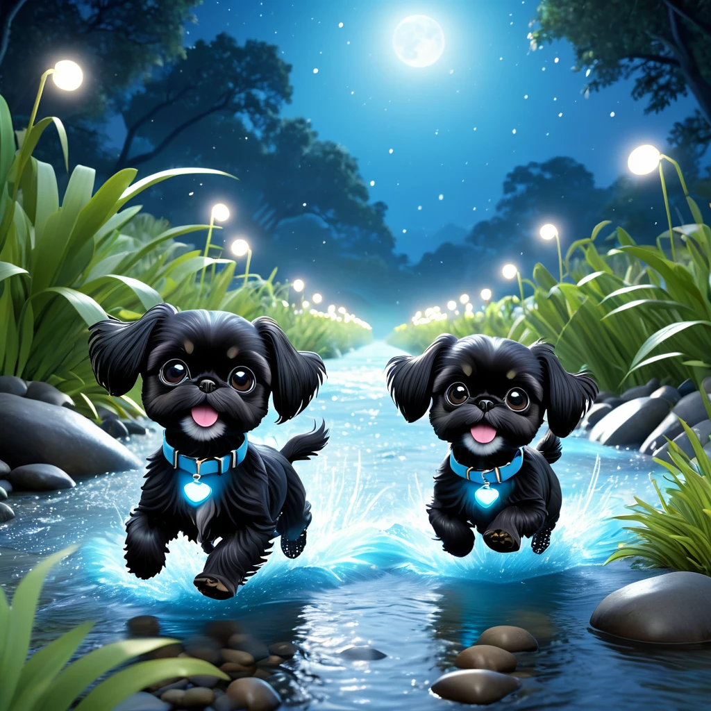 2 Adorable small black Shih Tzu puppies wearing light blue collars and sunglasses running in creek, crickets, lightning bugs in moonlight, Disney 3d cartoon, 3d render, disney pixar style