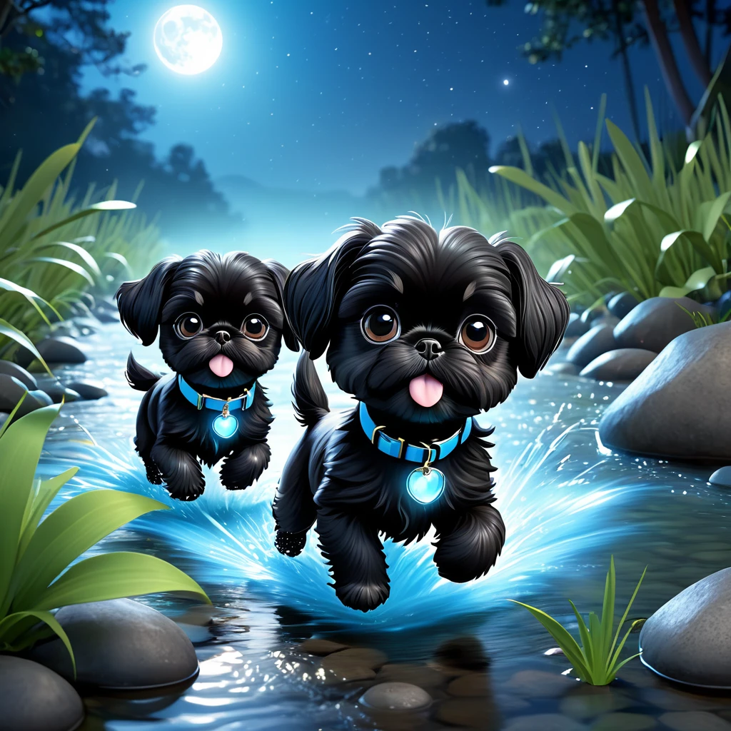 2 Adorable small black Shih Tzu puppies wearing light blue collars and sunglasses running in creek, crickets, lightning bugs in moonlight, Disney 3d cartoon, 3d render, disney pixar style
