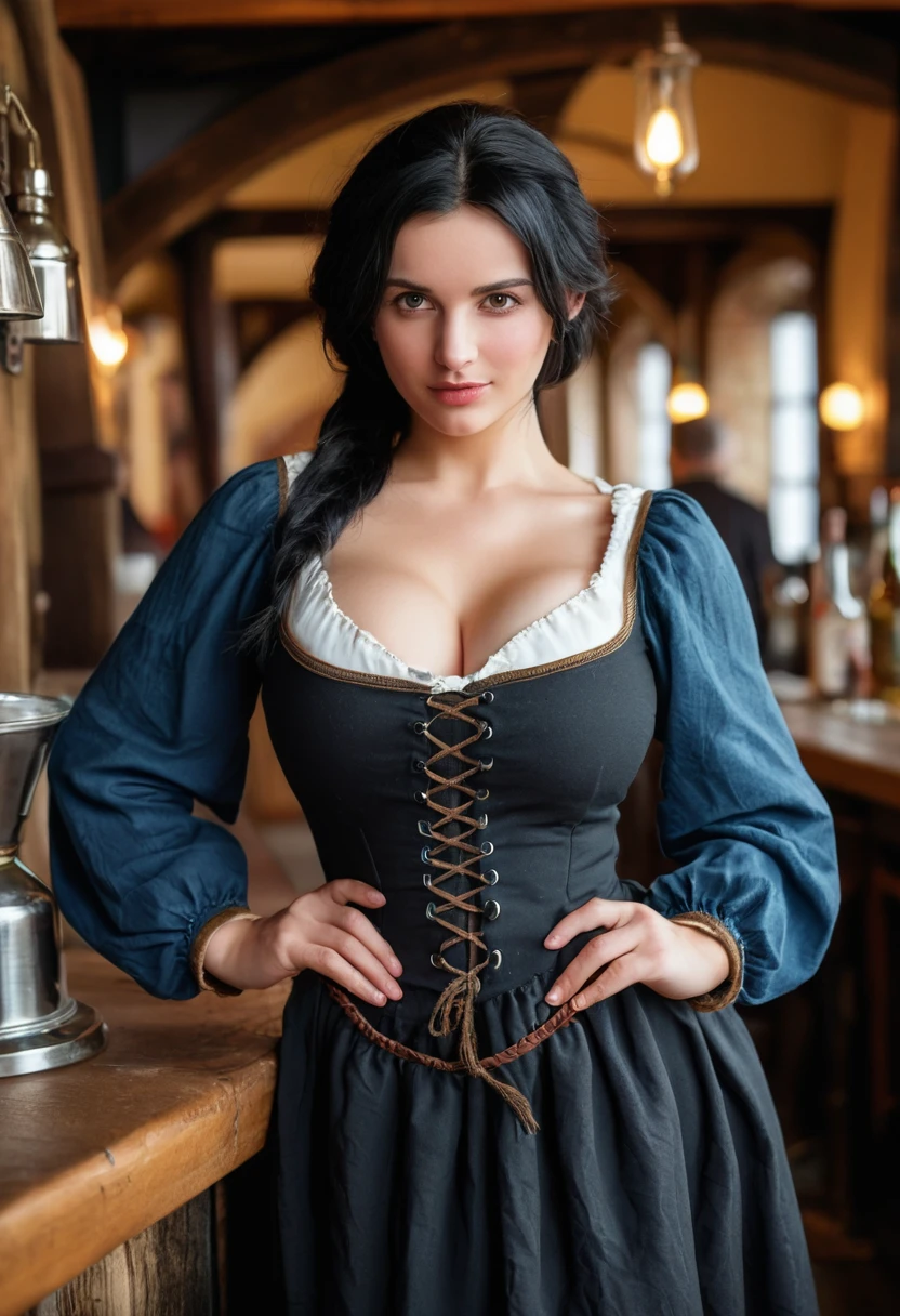 Medieval, Young woman, very short loose black hair, huge breasts, wide hips, barmaid dress, (tavern background) (4k image) (highest quality)