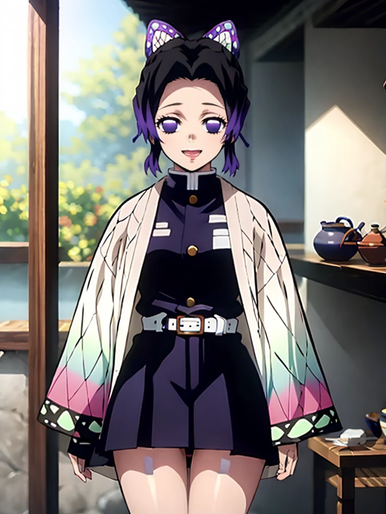 Kochou shinobu, 4k, absurd, high resolution, very high resolution, high definition, masterpiece, Short hair, purple hair, Separate bangs, Hair Adorno, Butterfly hair ornament, Purple eyes, Black Jacket, micro black thong, White belt, wide sleeves, cowboy shot, looking_at_viewer, :d