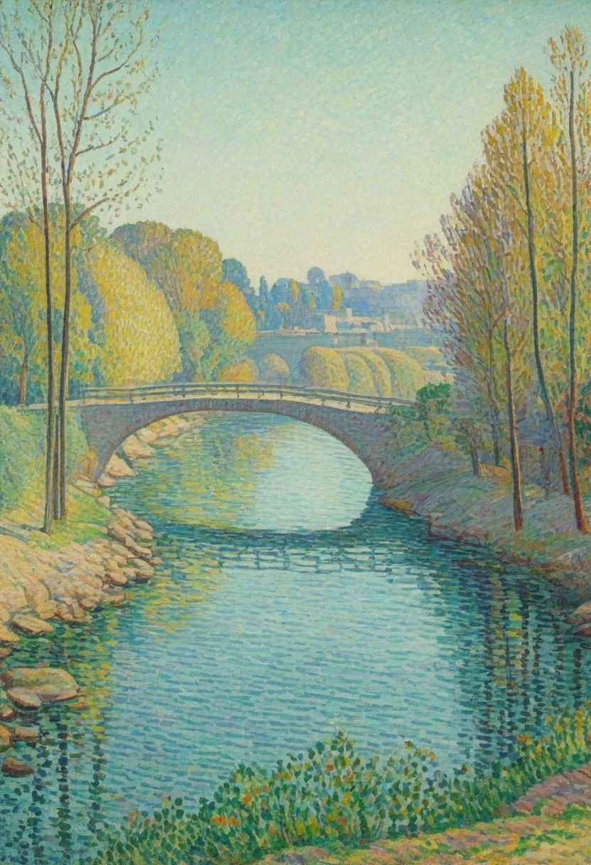 a colorful vibrant painting of a river with a bridge in the background, painting by Paul Signac