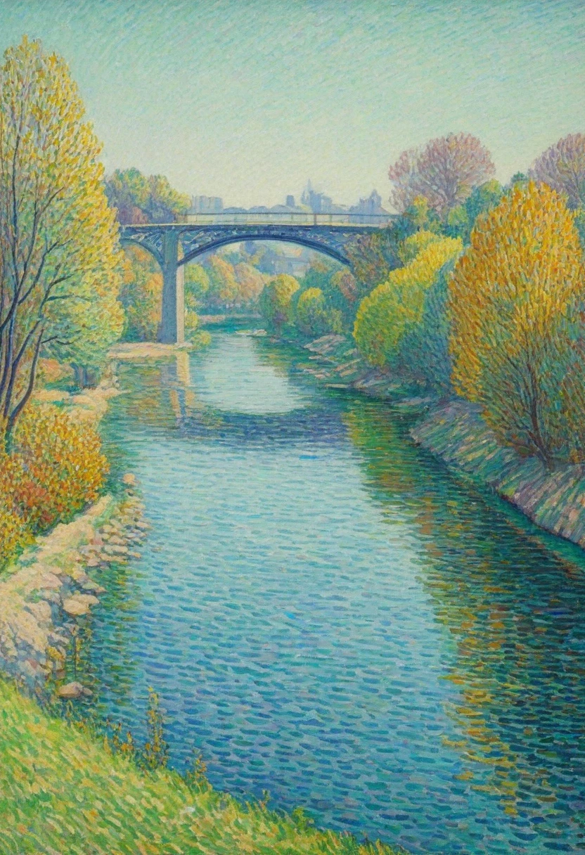 a colorful vibrant painting of a river with a bridge in the background, painting by Paul Signac