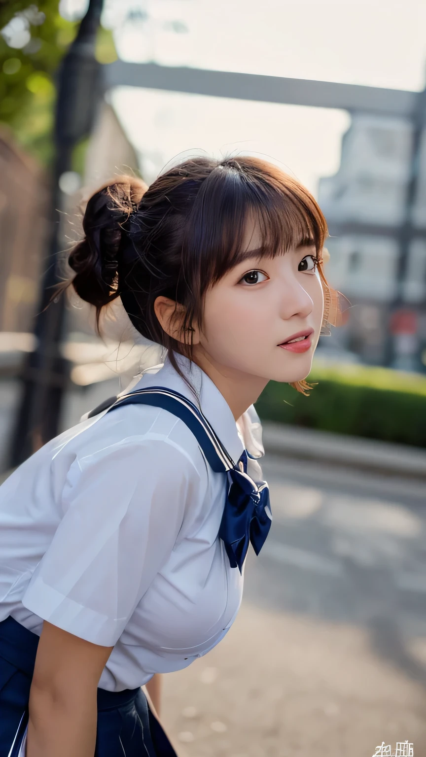 (8K、Raw photo、Highest quality、masterpiece:1.2)、(Realistic、Photorealistic:1.37)、Ultra-detailed、Ultra-high resolution、Cowboy Shot、 beautiful girl、Beautiful and well-proportioned face、、Beautifully detailed skin、Skin Texture、Professional Lighting、Big breasts that are about to spill out、double bun and short twin tails、(((School Uniform 1.2)))、looking at viewer, looking ahead, from above,