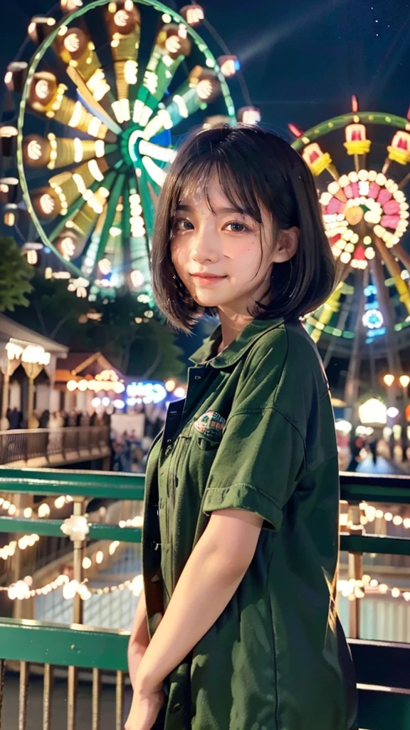 ((best quality)), ((masterpiece)), (detailed), 1girl, , standing at the amusement park in front of the giant wheel or ferris wheel, and see the fireworks on the sky beautiful green and blue fireworks, night view, 8K UHD