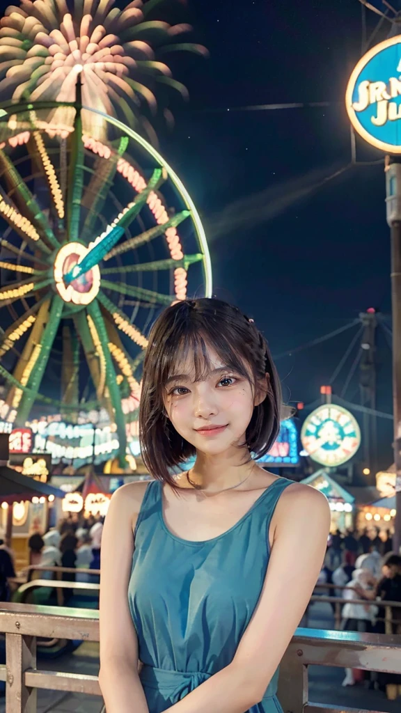((best quality)), ((masterpiece)), (detailed), 1girl, 16 years old, standing at the amusement park in front of the giant wheel or ferris wheel, and see the fireworks on the sky beautiful green and blue fireworks, night view, 8K UHD