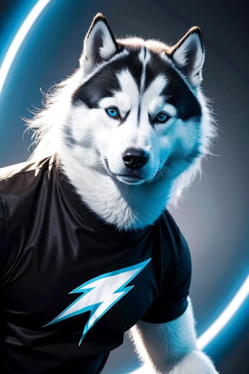 A Siberian husky with a humanoid body wearing a black shirt with a blue lightning bolt printed on the shirt