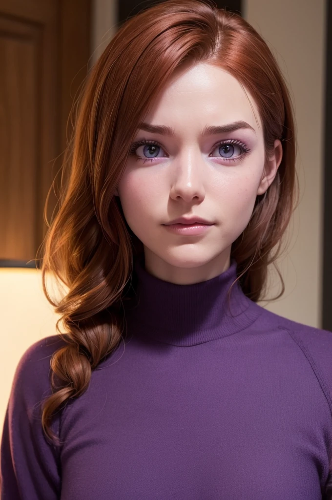 I want a photo of an emotion from the pixar movie,a man with purple skin,russet hair,normal face