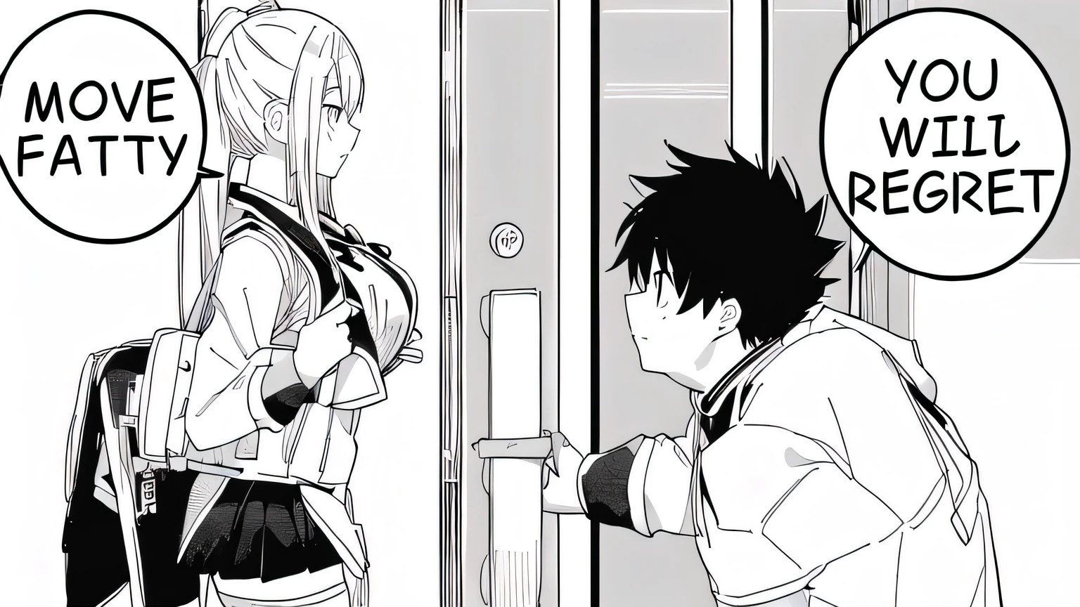 anime girl and boy with signs saying move fatty you will regret, black and white manga panel, black and white manga page, black and white manga style, black and white manga, black and white manga comic, isekai manga panel, award winning manga style, manga panel, manga panels, detailed manga style, from cryptid academia, manga page,