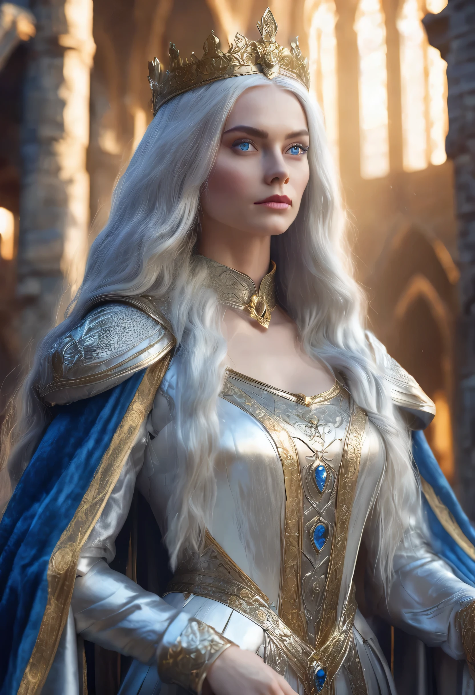 1 woman, Medieval castle made of gold, wearing a queen's dress, detailed facial features, beautiful blue eyes, detailed white colored skin, detailed long silver hair, strong expression, dramatic lighting, cinematic composition, cool color palette, fog atmospheric, (best quality,4K,8K,high resolution,Artwork:1.2),ultra-detailed,(realistic,photorealistic,photo-realistic:1.37)
