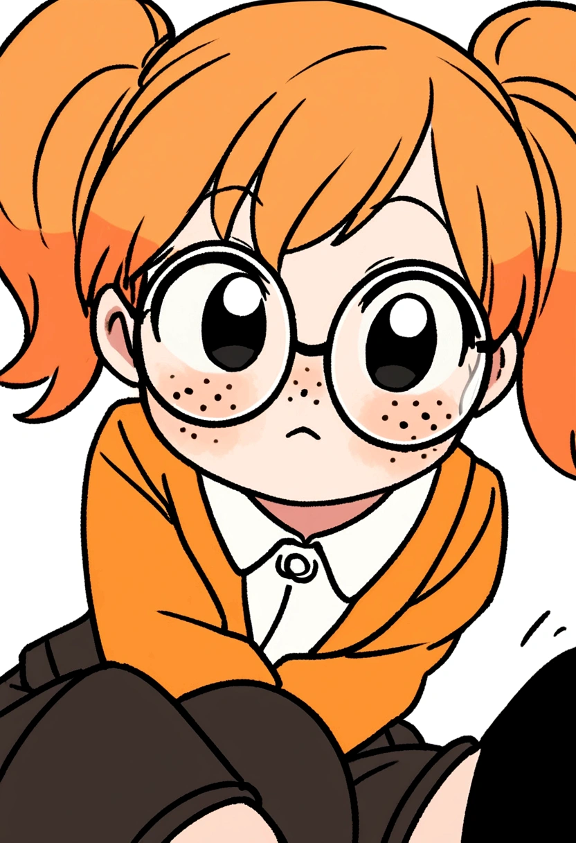 cute stoic tsundere scientist girl with orange short hair with pigtails, black eyes, round glasses, freckles on her face, yellow and orange , black boots, no background