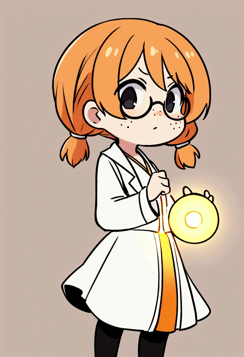cute stoic tsundere scientist girl with orange short hair with pigtails, black eyes, round glasses, freckles on her face, yellow and orange , black boots, no background
