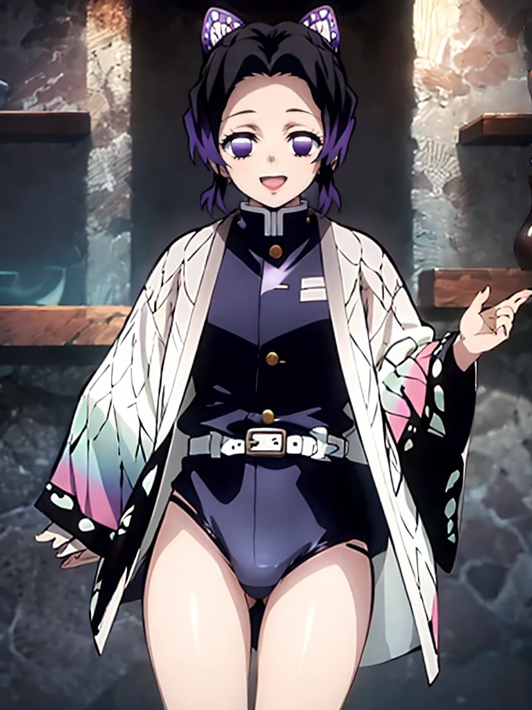 Kochou shinobu, 4k, absurd, high resolution, very high resolution, high definition, masterpiece, Short hair, purple hair, Separate bangs, Hair Adorno, Butterfly hair ornament, Purple eyes, Black Jacket, micro black thong, White belt, wide sleeves, cowboy shot, looking_at_viewer, :d