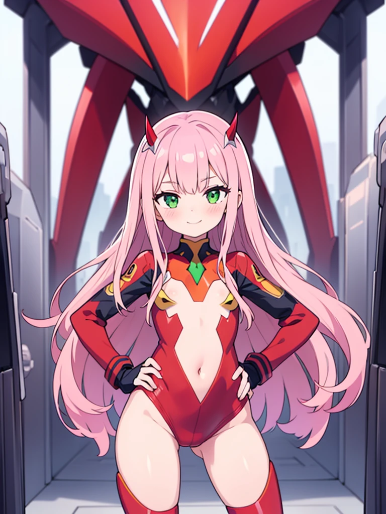 Highly detailed background, masterpiece, Highest quality, One girl, alone, ((masterpiece, Highest quality)),Best aesthetics, Zero Two (Darling in the Franxx), Darling in the Franxx, bangs, bite, blush, Covered navel, eye shadow, Green Eyes, Hair on the back of the head, Hands on hips, horn, smile, Long Hair, View your viewers, compensate, Medium chest, Pilot Suit, Red suit, Pink Hair, red eye shadow, sf, Fits perfectly to the skin, 