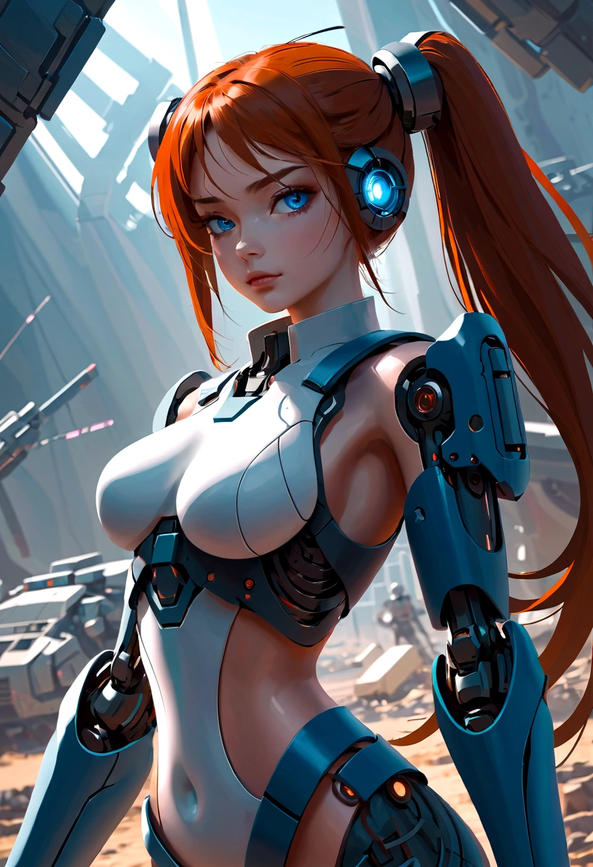 Science Fiction,girl, long_twintails, Robotic Arm, Technological military uniforms,blue eyes, Raise your arms, War Background