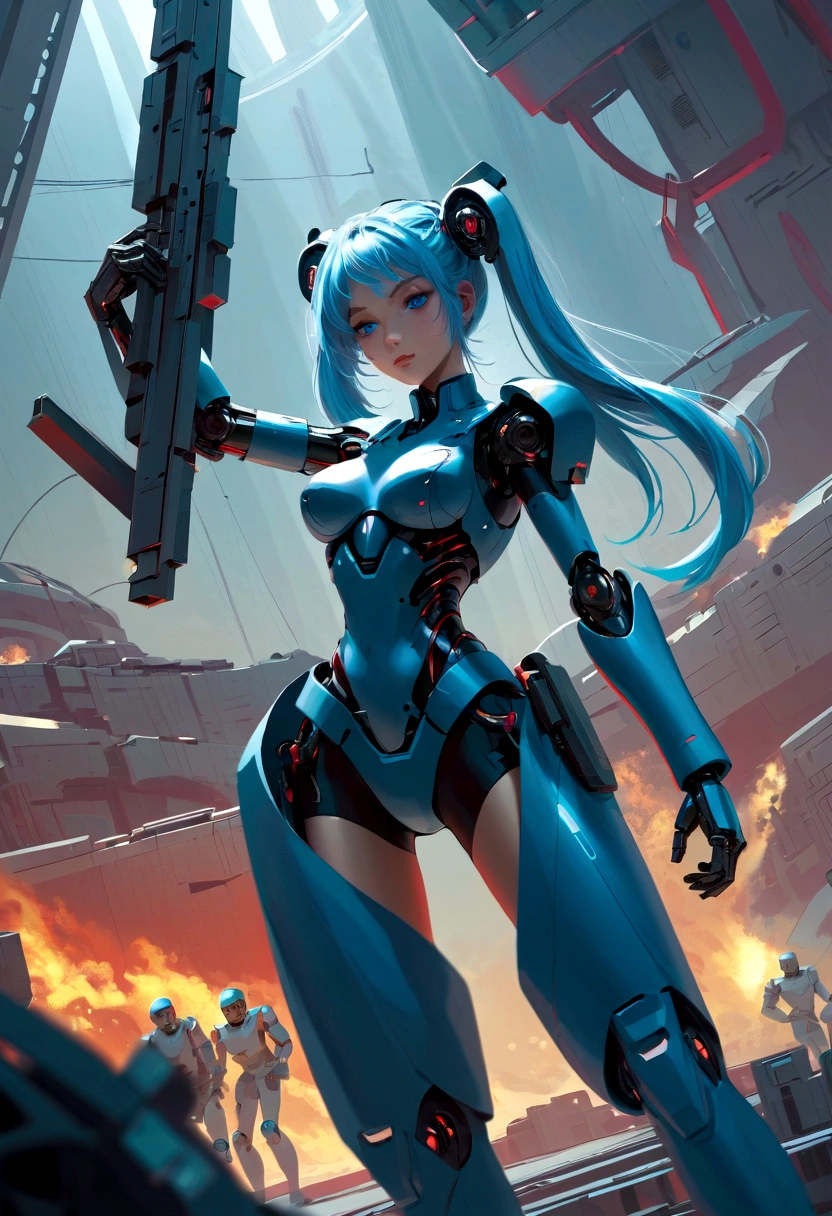 Science Fiction,girl, long_twintails, Robotic Arm, Technological military uniforms,blue eyes, Raise your arms, War Background