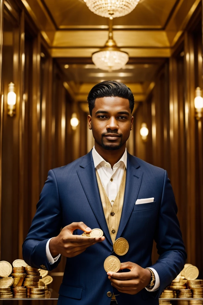 A man in a suit with gold coins in his hands