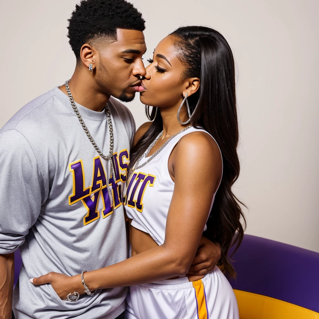 Brownskin fem and lightskin stud hugging and kissing each other wearing matching laker jerseys,with iced out earrings, wearing silver iced out cuban chain