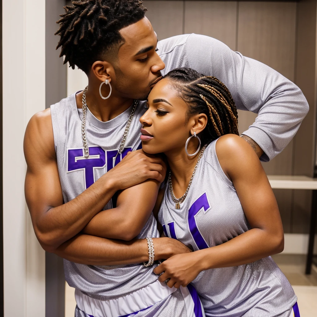 Brownskin fem and lightskin stud hugging and kissing each other wearing matching laker jerseys,with iced out earrings, wearing silver iced out cuban chain
