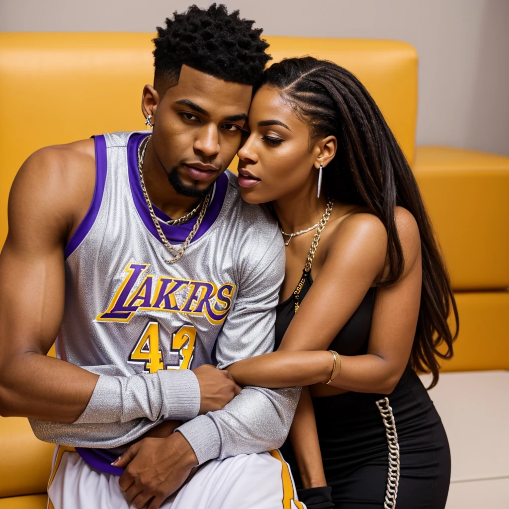 Brownskin fem and lightskin stud hugging and kissing each other wearing matching laker jerseys,with iced out earrings, wearing silver iced out cuban chain