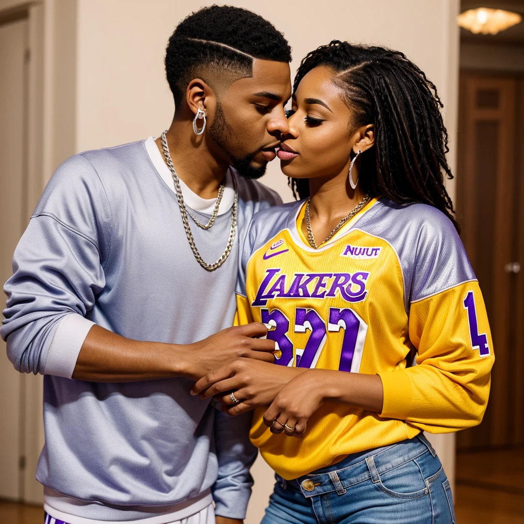 Brownskin fem and lightskin stud hugging and kissing each other wearing matching laker jerseys,with iced out earrings, wearing silver iced out cuban chain