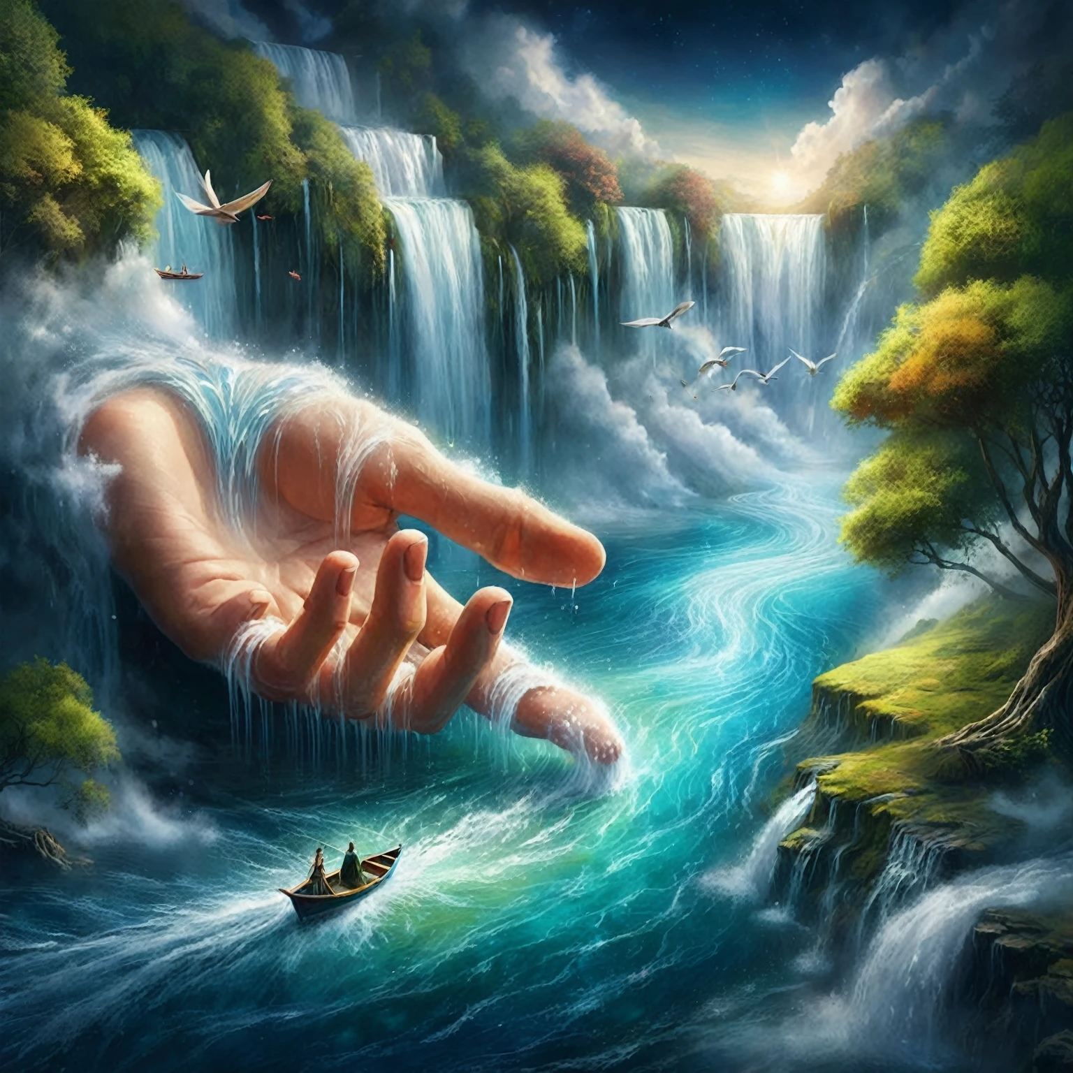 painting of a hand with a waterfall and a boat in the middle, dream scenery art, magic art flowing from hands, beautiful digital art, nature painting, scenery art detailed, surreal water art, very beautiful digital art, surrealistic painting, artistic painting, surreal art, great digital art with details, surreal realistic, water art manipulation, incredible painting, 3 d virtual landscape painting