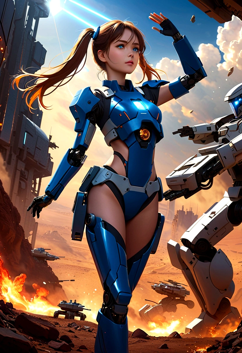 Science Fiction,girl, long_twintails, Robotic Arm, Technological military uniforms,blue eyes, Raise your arms, War Background
