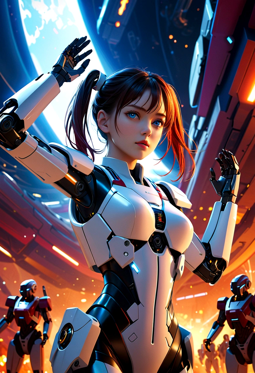 Science Fiction,girl, long_twintails, Robotic Arm, Technological military uniforms,blue eyes, Raise your arms, War Background