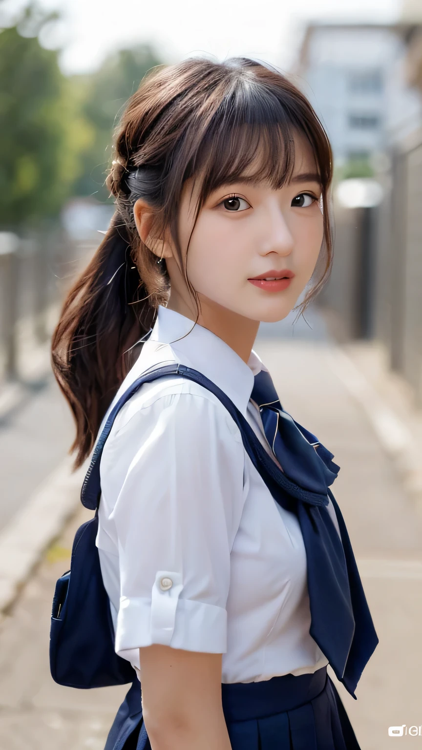 (8K、Raw photo、Highest quality、masterpiece:1.2)、(Realistic、Photorealistic:1.37)、Ultra-detailed、Ultra-high resolution、Cowboy Shot、 beautiful girl、Beautiful and well-proportioned face、、Beautifully detailed skin、Skin Texture、Professional Lighting、Big breasts that are about to spill out、double bun and short twin tails、(((School Uniform 1.2)))、looking at viewer, looking ahead, from above,