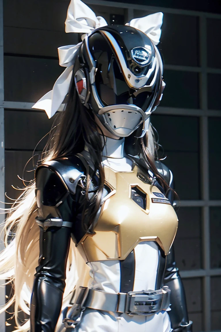 there is a woman with long hair wearing a white jacket and a bow tie, korean girl, realistic young anime girl, chinese girl, anime girl in real life, anime girl with long hair, white hime cut hairstyle, cute natural anime face, realistic anime 3 d style, beautiful anime girl, with cute - fine - face, beautiful anime portrait, beautiful south korean woman, power suit, powerranger, suit, spd, (Power ranger suit), gold detail, masked,