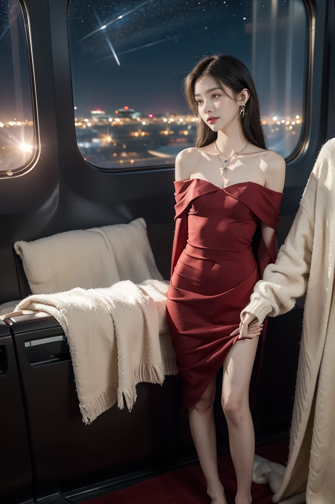 (((best quality))),(((ultra detailed))),(((masterpiece))),illustration,(a beautiful girl,female passenger,solo),(parted red lips),((slim,thin,small breasts,flat chest)),((earrings,crystal necklace)),(slender legs:1.2),summer night,((in airplane,economy class,indoor)),(blanket over shoulders:1.3),((dress)),(shoulder length straight bob hair:1.2),stars,moonlight,smooth flight,engine sound,lullaby,relaxed,excited,laughing,visiting family,comfortable seats,soft fabric,headrests,adjustable,beauty of night sky,dimmed lights,sleeping passengers,movies,personal screens,staying awake,magic of sky,joy of being with family,memorable journey,adventures,(surrounded by crowded crowds:1.3),(Outside the window is high-altitude night view:1.2),((standing,from front,full body)),(arms behind back:1.3)