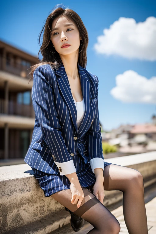 (Highest quality、Ultra-high resolution、masterpiece、8K、Realistic raw photo)、(Delicate face、Detailed eyes and face、Watery eyes、double eyelid、Glossy lips), ((1 girl)) 、Very beautiful woman、Slender、Slim Big、Sharp long legs、Alluring and sexy、(Striped blazer:1.2)、(Striped skirt:1.2),(silk pantyhose:1.1),(High heels)、Cleavage、High-definition skin texture、The wind is blowing、Sunlight shining on face and body、Modern architecture in the background、Above the knee shot、((Perfect Anatomy、Anatomically correct:1.2))
