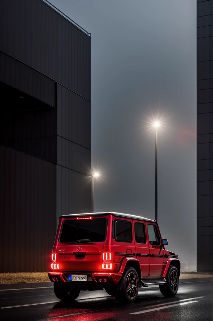 At night, red Mercedes G-Wagon is driving throught the highway, tall buildings with lights and a foggy-ish weather