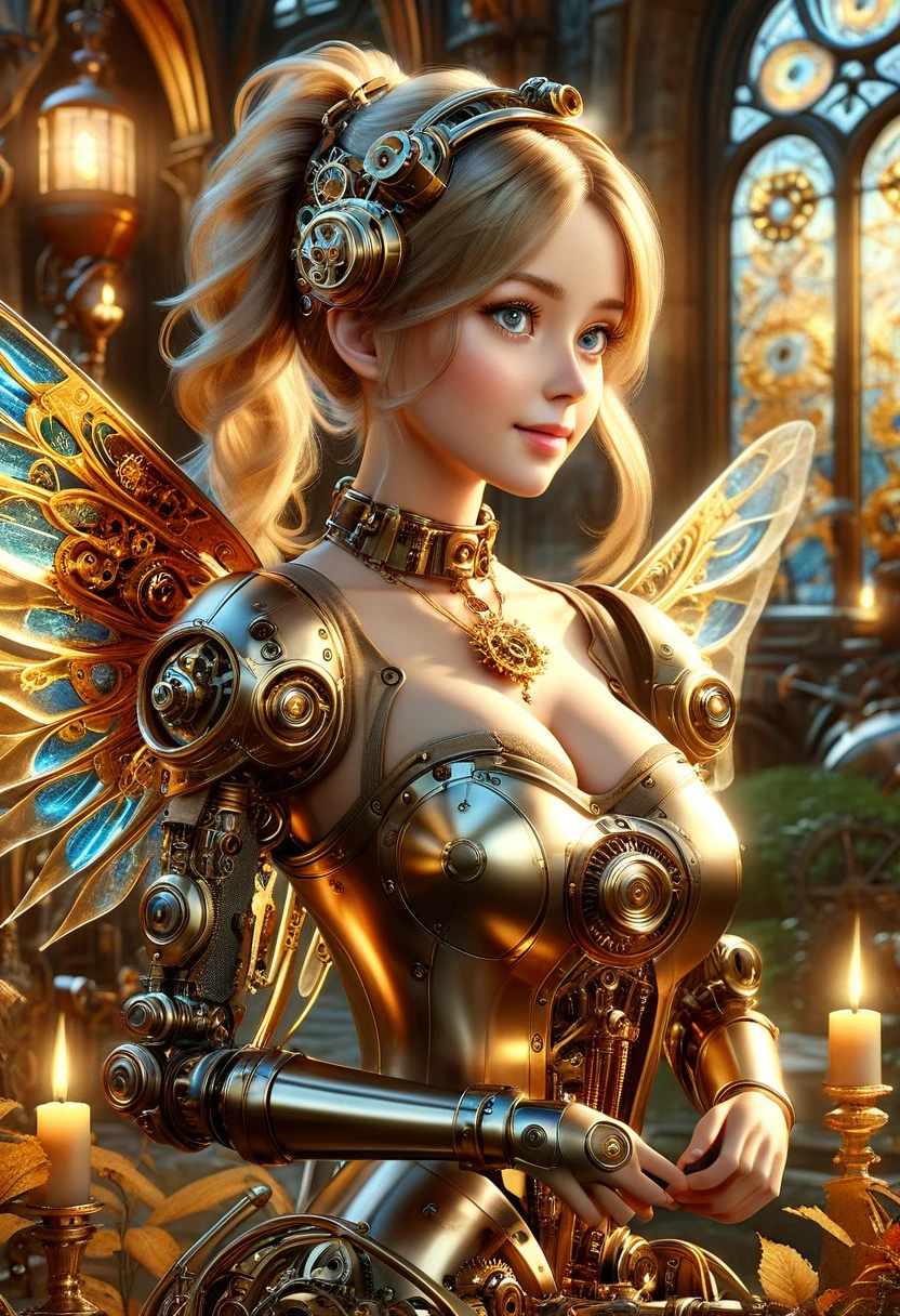 masterpiece, best quality, highly detailed, 1girl, solo, twintails, off-shoulder sweater, choker, large glasses, gold locket, jacket, hairband, looking at viewer, smile, blush, Wide Smile, Eyes Detailed & Wide, sexy Pose. Ultra HD, Rococo-Inspired Fantasy Art With Intricate Details. Cute, Charming Expression, Alluring-Gaze, looking at viewer Beautiful Eyes, An-Ideal-Figure. Large Youthful Well-Shaped-Breasts, Massive-Round-Bosom, Décolletage. slim waist, fit body, full lipsWarm lights , woman in a dreamy forest at night, with fluffy hair, delicate face, realistic, real, slim, large aperture, sexy shots, attractive poses,symmetrical face, photorealistic, photography, path tracing, specular lighting, volumetric face light, path traced hairmaximum quality{(masutepiece) (8K High Resolution) (top-quality) In the style of breath of the wild.medieval monastery garden,steampunk robot monk,beautiful ornate architecture,steampunk machinery and gears,exquisite stained glass windows,enchanted flower garden,ancient stone walkway with intricate carvings,glowing candles and dimly lit atmosphere,steam and smoke billowing from the machinery,mystical atmosphere,peaceful and serene setting,mechanical wings attached to the robot monk's back,robot monk with intricate clockwork mechanisms,electromechanical eyes glowing with energy,warm golden color palette,gentle sunlight streaming through the stained glass windows,whispering sound of wind and rustling leaves,the scent of aged books and incense,notes of ancient Gregorian chants echoing in the air,sense of awe and tranquility,combination of futuristic and medieval elements,harmony of technology and spirituality. 
