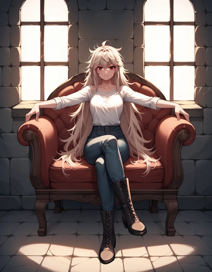 score_9, score_8_up, score_7_up, score_6_up, score_5_up, score_4_up, source_anime, 1girl, light hair,long hair, red eyes, w-w-chain,spread arms, messy hair, white shirt,pants,sexy boots, legs crossed,dungeon, best quality, best res, 4K UHD,
 