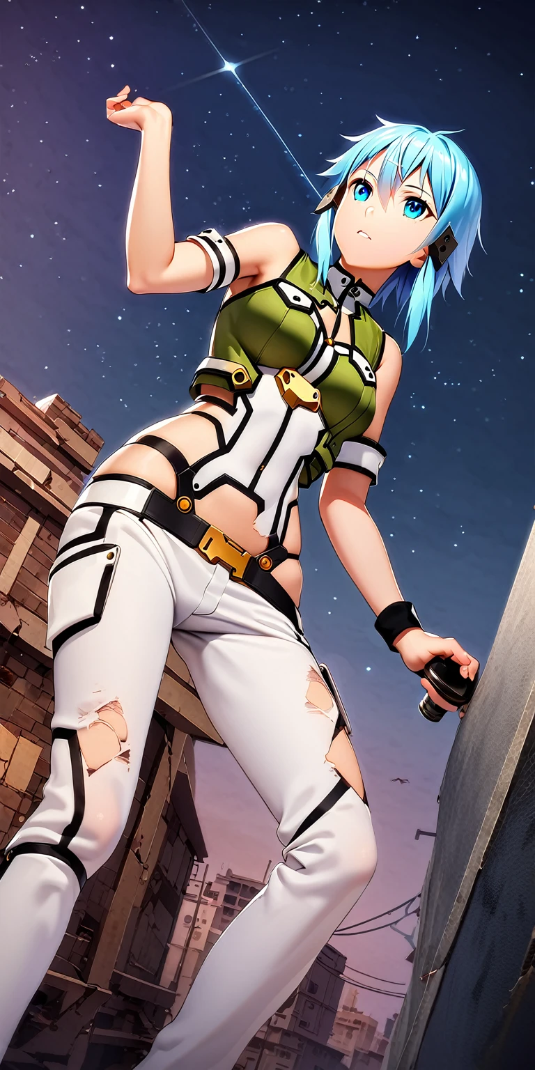 A girl(16 years old), sinonggo, short hair with pale blue color, looking to the sky, one hand holding the hair, behind the view, standing on top of a building, the sky is so beautiful, (the night sky with the falling of stars), the moon is so beautiful in the middle top view, (there are many damaged buildings), silent place, beautiful view, the night wind blowing,from below, BREAK ,quality\(8k,wallpaper of extremely detailed CG unit, masterpiece,hight resolution,top-quality,top-quality real texture skin,hyper realisitic,increase the resolution,RAW photos,best qualtiy,highly detailed,the wallpaper,cinematic lighting,ray trace,golden ratio\),long view