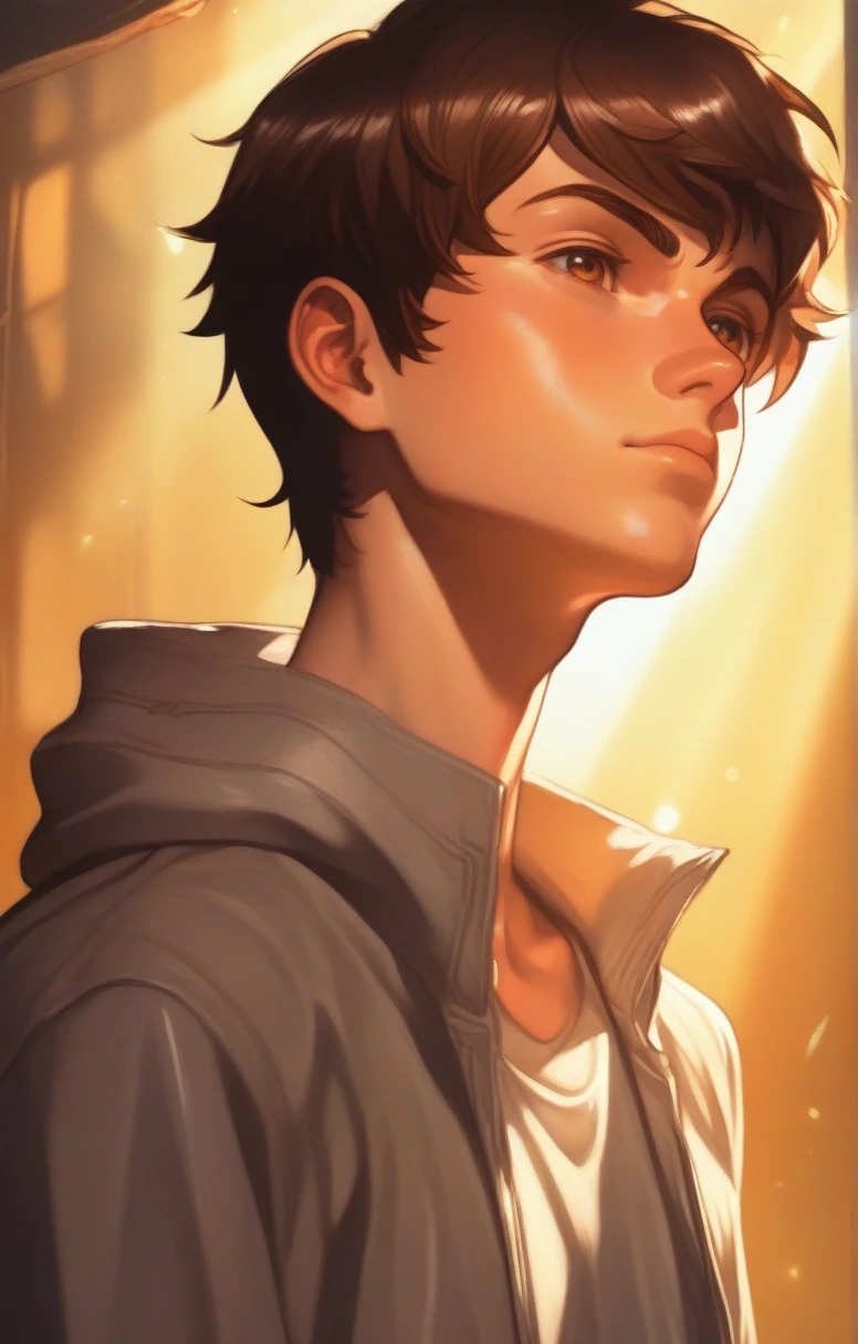 A beautiful anime style close shot boy with brown hair, standing in a sunlight environment, facial features, highly detailed character, lighting, glowing sunlight, vibrant colors, digital art, masterpiece, manga, anime